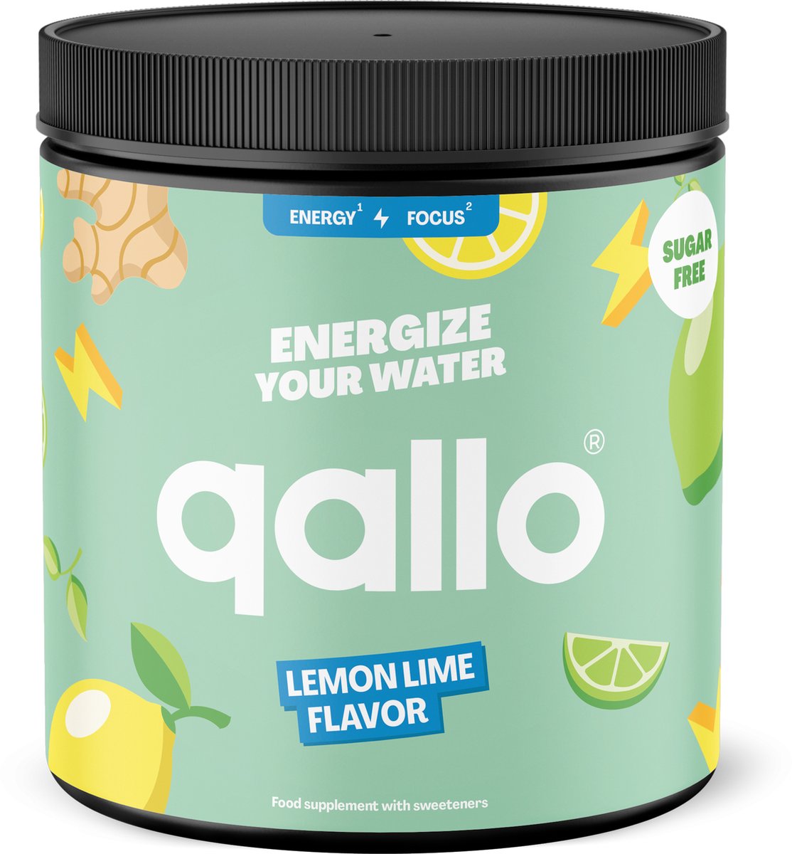 Qallo Energy Drink Poeder Lemon Lime Tub - 40 porties - Vegan Suikervrije Energizer - Met Vitamine B - Inhoud 40 x 7gr
