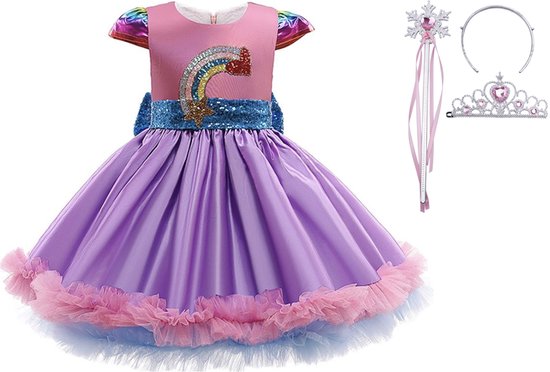 Prinsessenjurk meisje + Tiara + Toverstaf - Verkleedkleren meisje - maat 104/110 (120) - Het Betere Merk - Regenboog - Paars - Roze - Prinsessenspeelgoed - Verkleedjurk - Pailletten
