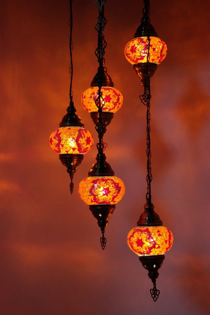 Turkse lamp - Oosterse lamp - Hanglamp - Rood-Oranje - 5 bollen - mozaïek