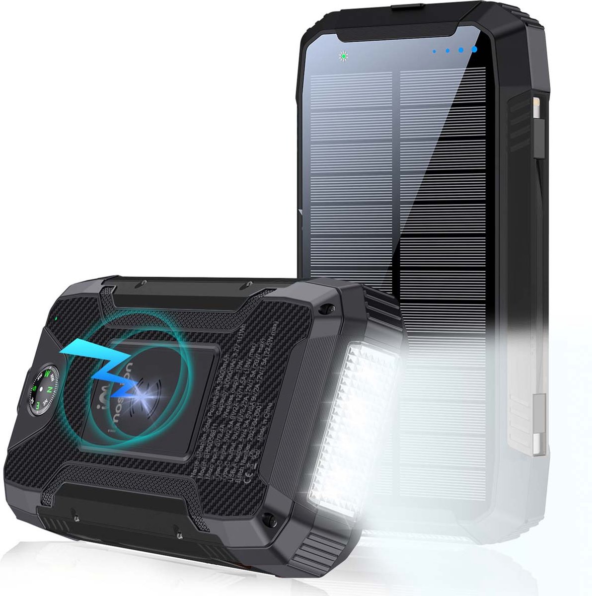iMoshion Powerbank Zonne-energie - Solar Powerbank 30000 mAh - Snellader & batterij-indicator - Noodpakket met Zaklamp - Wireless Charger en USB-C Kabel- Voor o.a. Apple iPhone & Samsung - Zwart