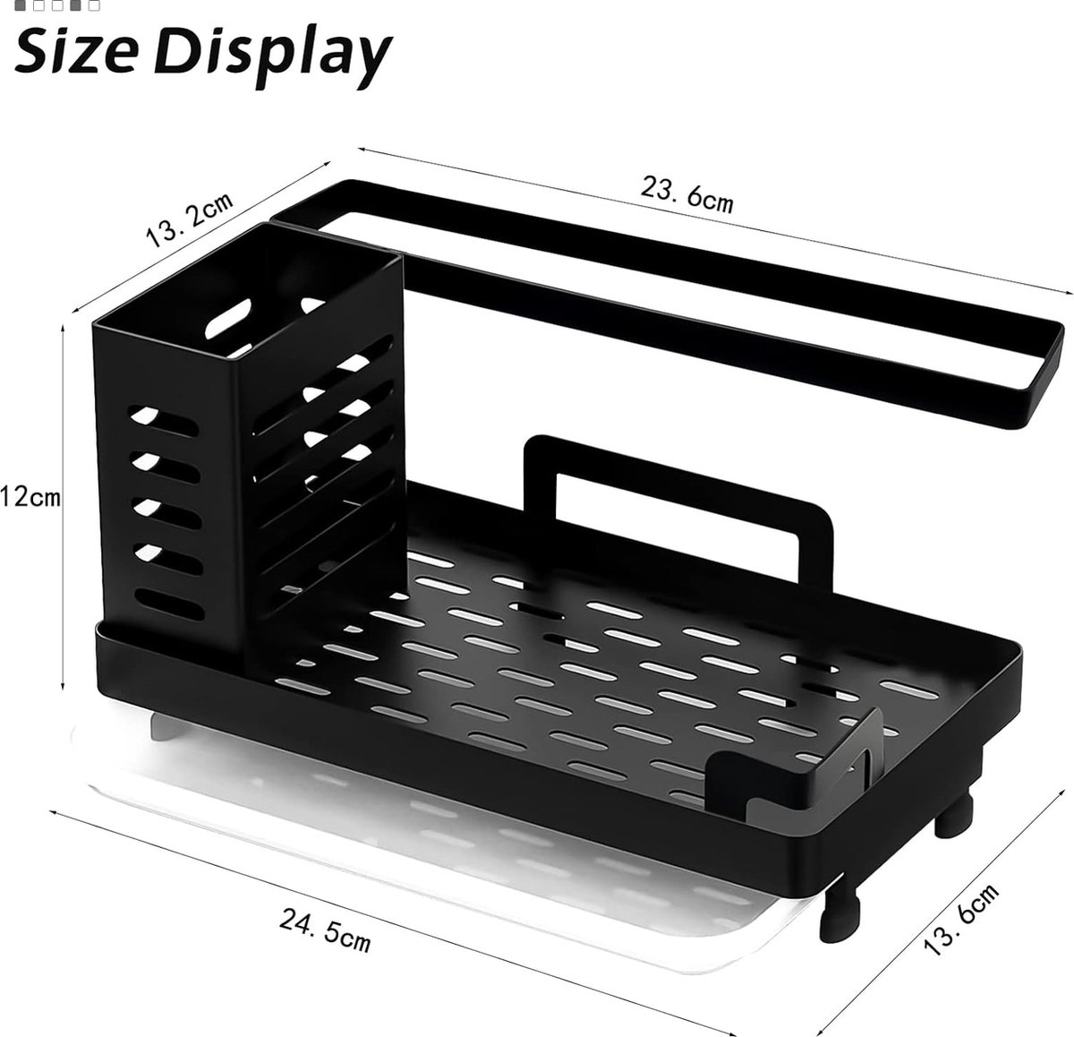 Spoelbak Organizer Zwart, Sink Caddy Gebied Organisator Opbergbakje Gootsteen Wasbak Organizer Keuken, Sponshouder met Zelfledigende Afvoer en Afneembaar Handdoekenrek