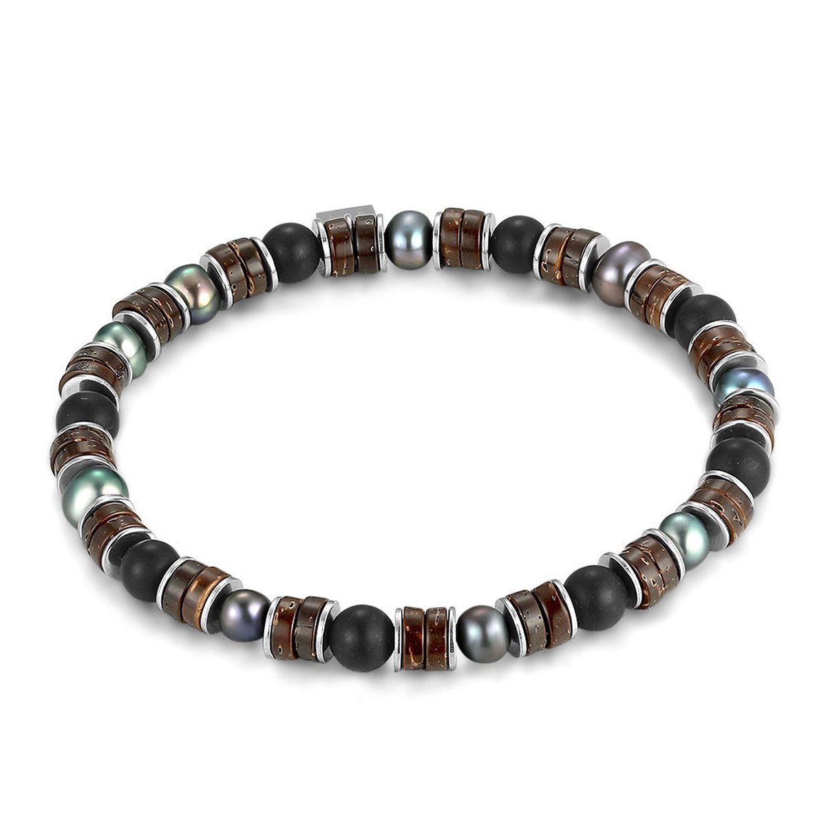 Twice As Nice Armband in edelstaal, grijze parels, zwart agaat, bruine parels 21cm