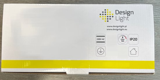 Verpakking van Design Light met logo, productinformatie en keurmerken zoals IP20.
