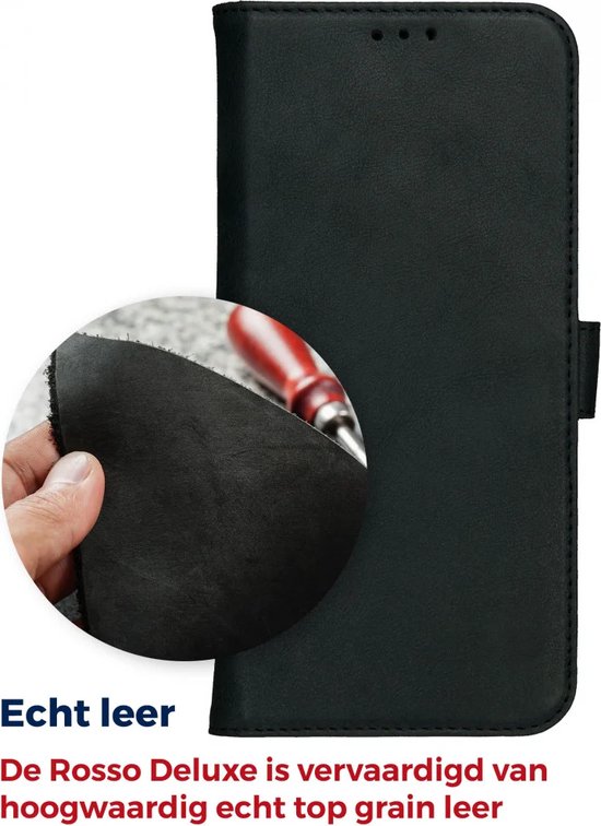Rosso Deluxe Étui en Cuir véritable pour Apple iPhone 15 Pro | Espace pour trois cartes | Étui portefeuille | Avec porte-cartes | Noir