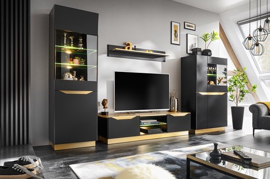 FAME wandmeubel, tv-meubel, woonkamermeubel, breedte 315 cm, zwart MDF mat / goud, LED-verlichting
