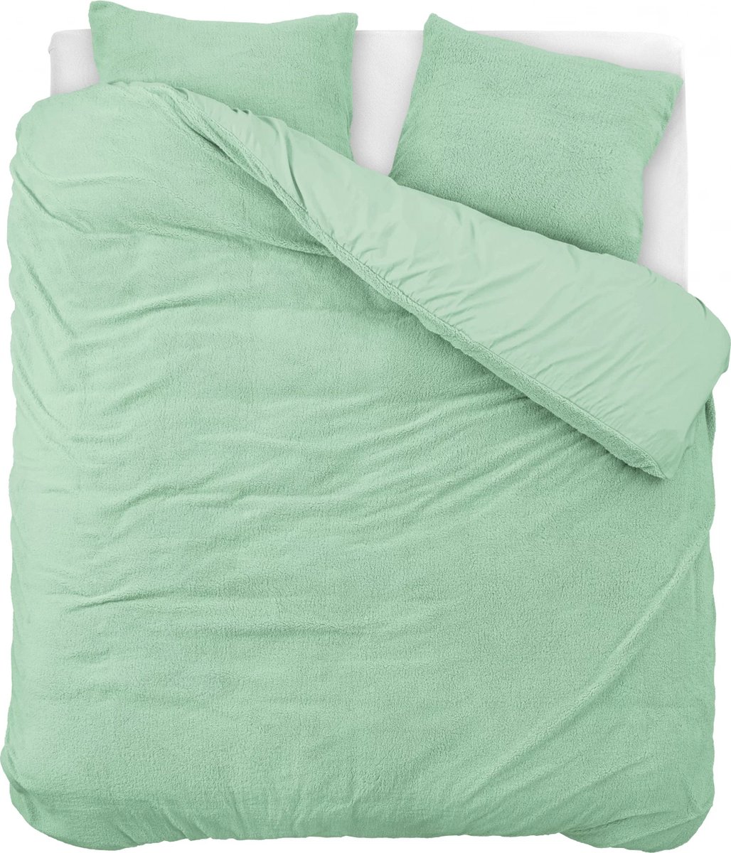 Superzachte teddystof dekbedovertrek uni groen - 240x200/220 (lits-jumeaux) - heerlijk slapen - cosy look - luxe kwaliteit - met handige drukknopen