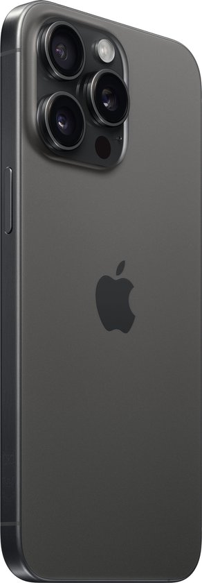 Donkergrijze iPhone 15 Pro Max met het Apple logo en drie camera's op de achterkant.
