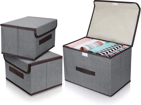 Boîtes de rangement pliantes en tissu 3 pièces avec couvercle (2 tailles), boîtes de rangement pliables grises avec poignées pour speelgoed, livres, chambre à coucher, placard, bureau, salon