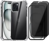 Hoesje geschikt voor iPhone 15 - 2x Privacy Screen Protector FullGuard - Back Cover Case ShockGuard Transparant & Screenprotector