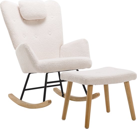 Merax Schommelstoel met Voetensteun - Pluche Relaxstoel - Stoel met Hoofdkussen - Wit