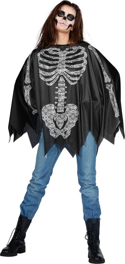 Wilbers & Wilbers - Spook & Skelet Kostuum - Hongerig Skelet Poncho - Vrouw - - One Size - Halloween - Verkleedkleding