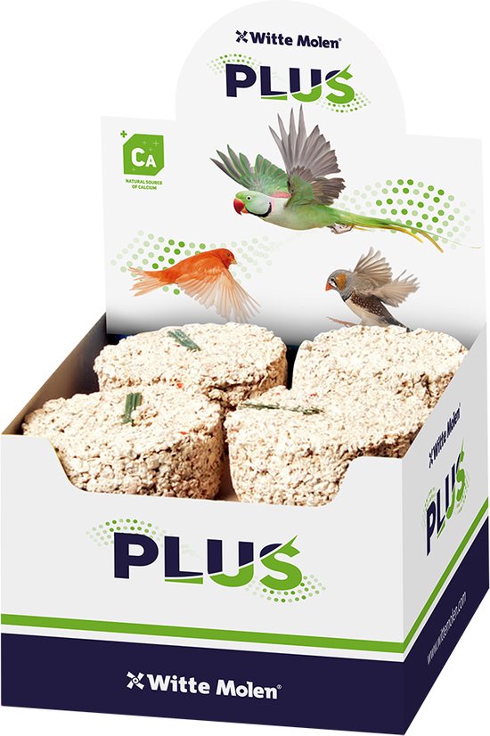Display met Witte Molen PLUS mineraalblokken voor vogels. Toont illustraties van vogels en calcium logo.
