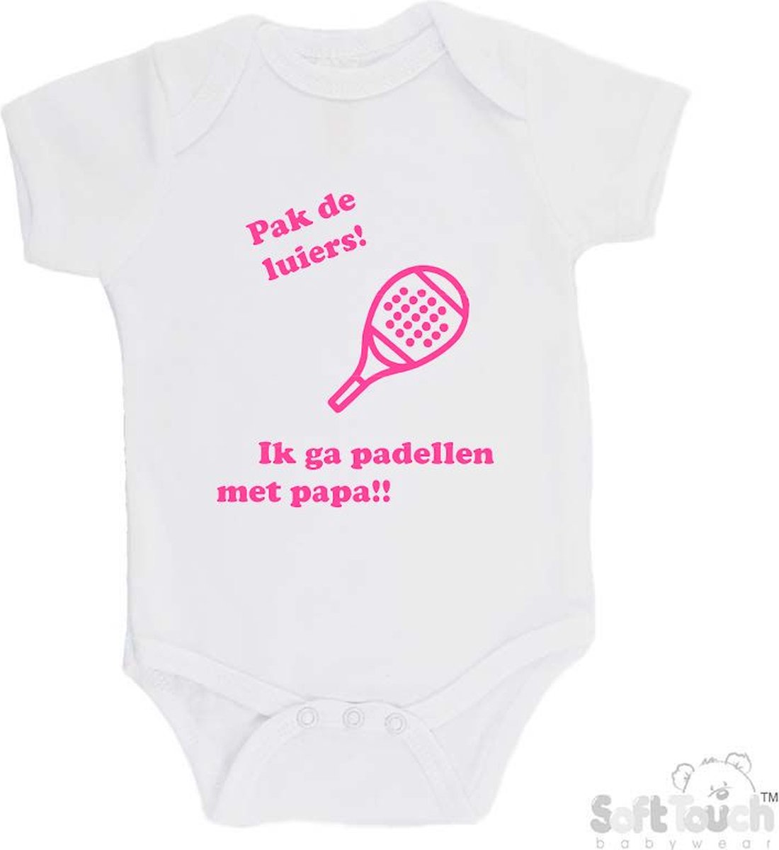 100% katoenen Romper "Pak de luiers! Ik ga padellen met papa!!" Padel Meisjes Katoen Wit/roze Maat 62/68
