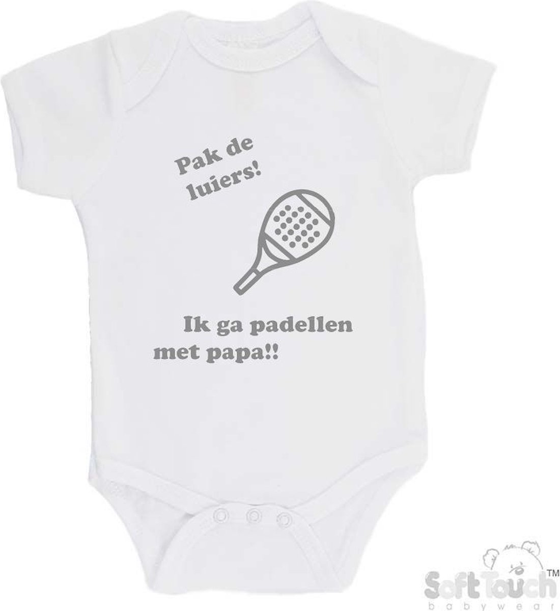 100% katoenen Romper "Pak de luiers! Ik ga padellen met papa!!" Padel Unisex Katoen Wit/grijs Maat 56/62