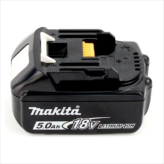 Zwarte Makita 18V 5.0Ah Li-ion accu met witte en gele accenten en LED-indicator.
