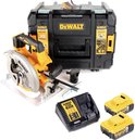 DeWalt cirkelzaag, 2 batterijen, oplader en koffer in zwart en geel.