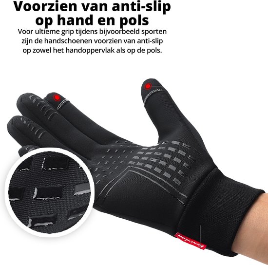 Zwarte handschoen met anti-slip textuur op de vingers en handpalm, met detailweergave.