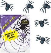 Decoratie spinnenweb/spinrag met spinnetjes - 60 gram - Halloween/horror versiering