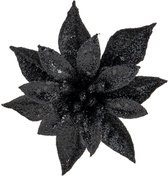 Cosy and Trendy decoratie bloem - op clip - zwart - 8 cm - glitters - kunststof