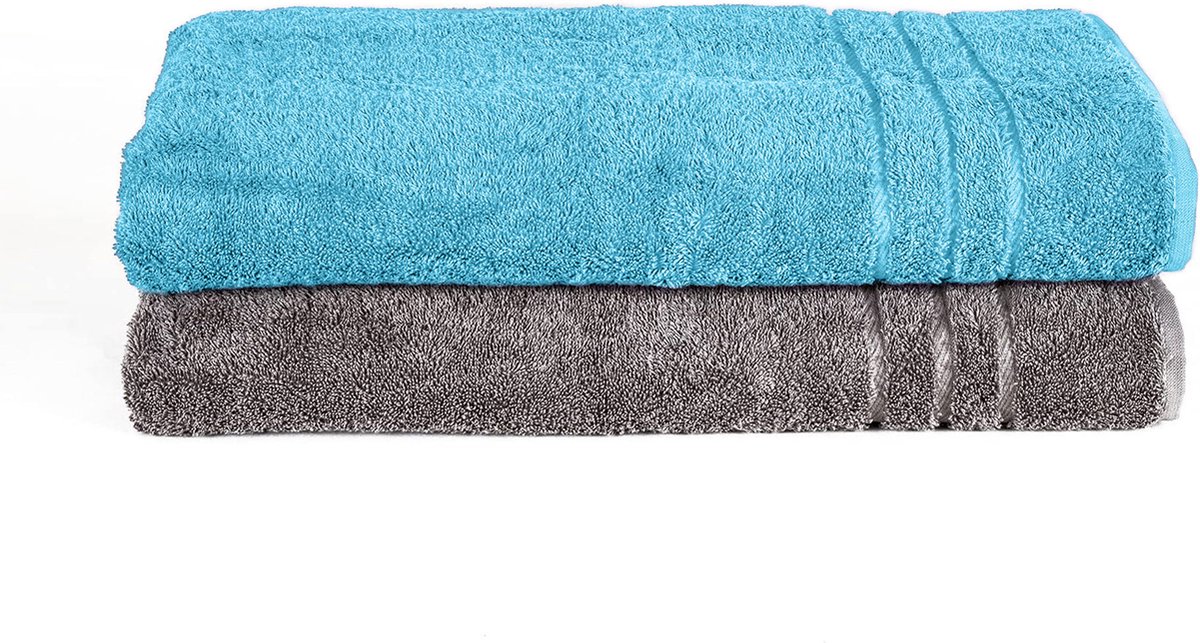 Komfortec Set van 2 Handdoeken 70x200 cm, 100% Katoen, XXL Saunahanddoeken, Saunahanddoek Zacht, Grote badstof, Sneldrogend, Turquoise&Antraciet