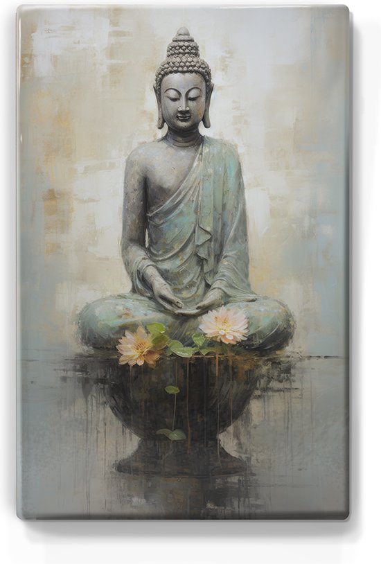 Boeddha met bloemen - Laqueprint - 19,5 x 30 cm - Niet van echt te onderscheiden handgelakt schilderijtje op hout - Mooier dan een print op canvas. - LP507