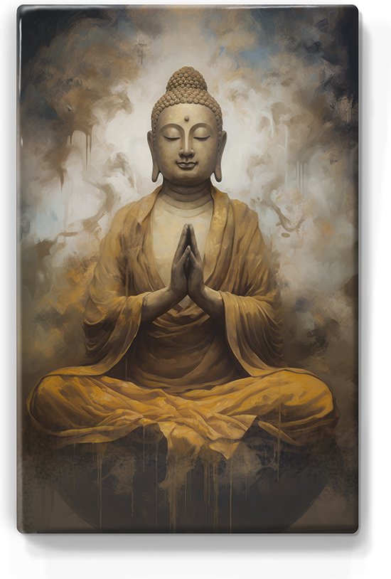 Boeddha met gevouwen handen - Laqueprint - 19,5 x 30 cm - Niet van echt te onderscheiden handgelakt schilderijtje op hout - Mooier dan een print op canvas. - LP501