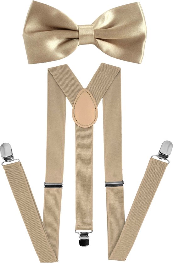Fako Fashion® - Bretels Met Vlinderstrik - Vlinderdas - Strik - Effen - 100cm - Licht Khaki