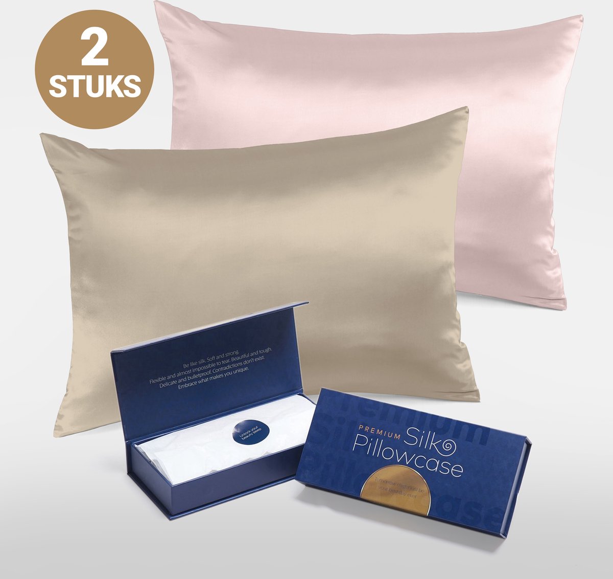 Slowwave Premium Silk Pillowcase - Extra voordelig colorpack: Champagne en Pink Swan (lichtroze) - Ervaar het beste zijden kussensloop - 100% Mulberry zijde - 22 momme - Hoogste kwaliteit (grade 6A) - 60x70cm