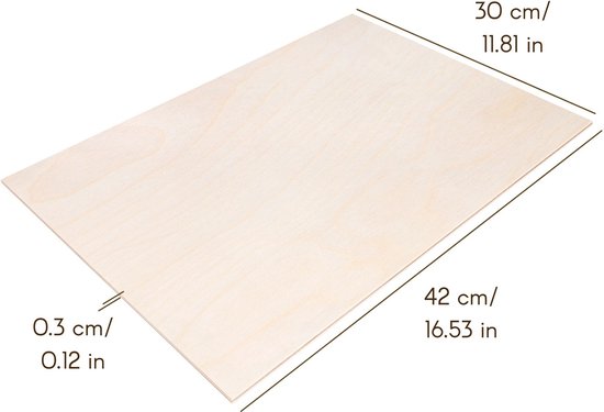 Berken multiplex plaat A3, 42x30cm, 3mm dik.