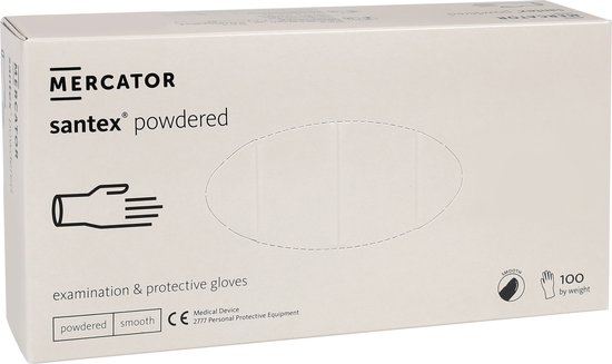 Doos Mercator santex latex handschoenen, gepoederd, glad, 100 stuks.