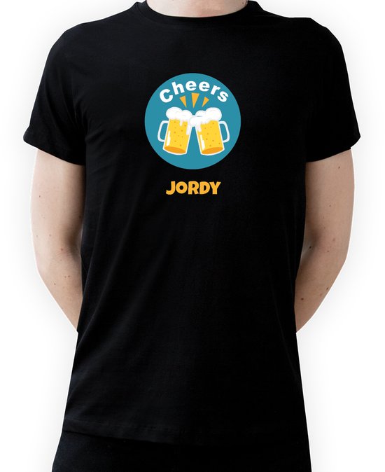 T-shirt met naam Jordy|Fotofabriek T-shirt Cheers |Zwart T-shirt maat S| T-shirt met print (S)(Unisex)