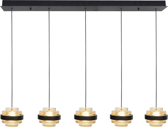 Sierlijke hanglamp Dynasty Champagne | 5 lichts | zwart / goud / transparant | glas / metaal | 105 cm lang | eetkamer / eettafel lamp | modern / sfeervol / strak design