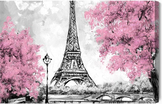 Schilderijkoning - Canvas Schilderij De Eiffeltoren Tussen Bloeiende Bomen