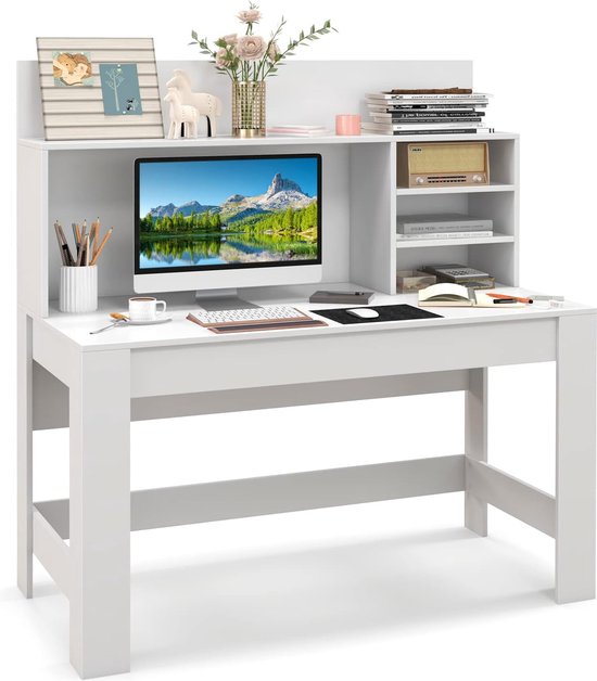 Bureau met plank, computertafel met kabelgeleidingsgaten, moderne werktafel, pc-tafel, bureautafel voor studeer- en slaapkamer, wit, 120 x 54 x 129 cm