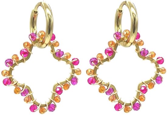 Boucles d'oreilles - Trèfle avec Perles de Verre - Acier Inoxydable - 3 cm - Doré Oranje Rose