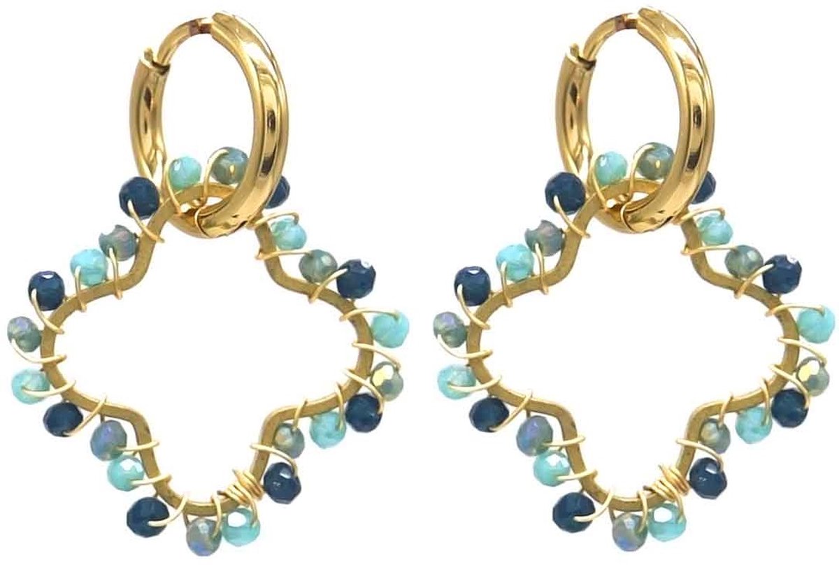 Oorbellen - Klaver met Glaskralen - RVS - 3 cm - Goudkleurig en Blauw