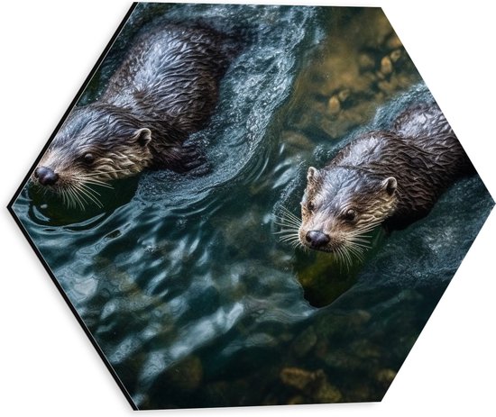 Dibond Hexagon - Otters zwemmen door water heen met stenen op de bodem - 30x26.1 cm Foto op Hexagon (Met Ophangsysteem)
