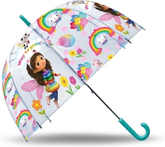 Transparante kinderparaplu met Gabby's poortjes, regenboog en bloemen. 'Way to grow!' staat op de paraplu.