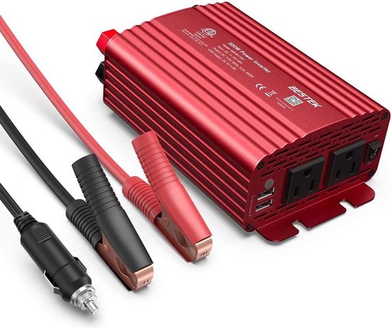 BESTEK - 500W Pure Sine Wave Inverter - DC 12V naar AC 110V - 2 Outlets - Rood - 4.2A Dual USB