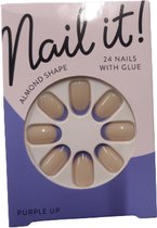 Nepnagels - Kunststof - Nude met paarse tip - 24 Nagels met Lijm - Almond Shape - Plak nagels - Kunstnagels