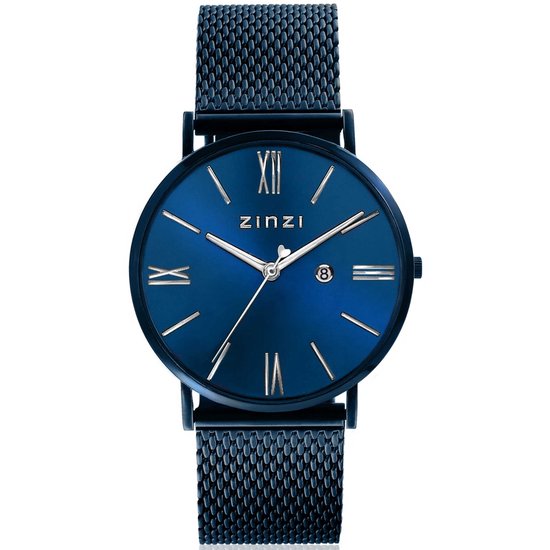 Montre ZINZI Roman cadran bleu et boîtier avec aiguilles argentées bracelet maille acier bleu 34mm extra fin ZIW551M