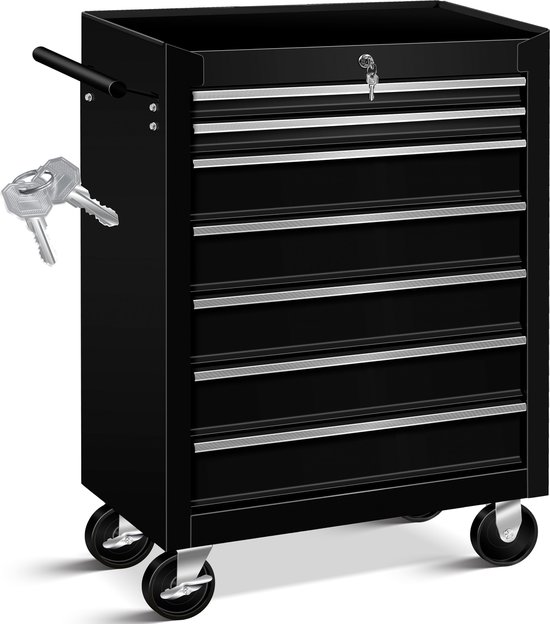 Chariot à outils noir fermé à 7 tiroirs avec deux clés à côté.