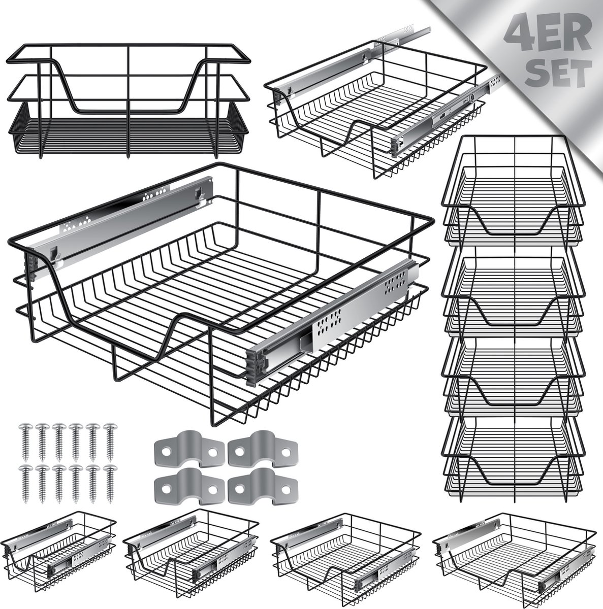 KESSER® Keukenlade / Telescopische lade / Keukenkast / Mand uittrekbaar / Kast uittrekbaar / Volledig uittrekbaar / Lade - 4x 50cm - Zwart