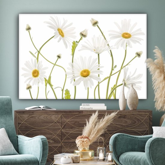 Peinture sur toile - Canvasdoek - Fleurs - Marguerite - Wit - Jaune - Plantes - Décoration murale - 150x100 cm - Photo sur toile
