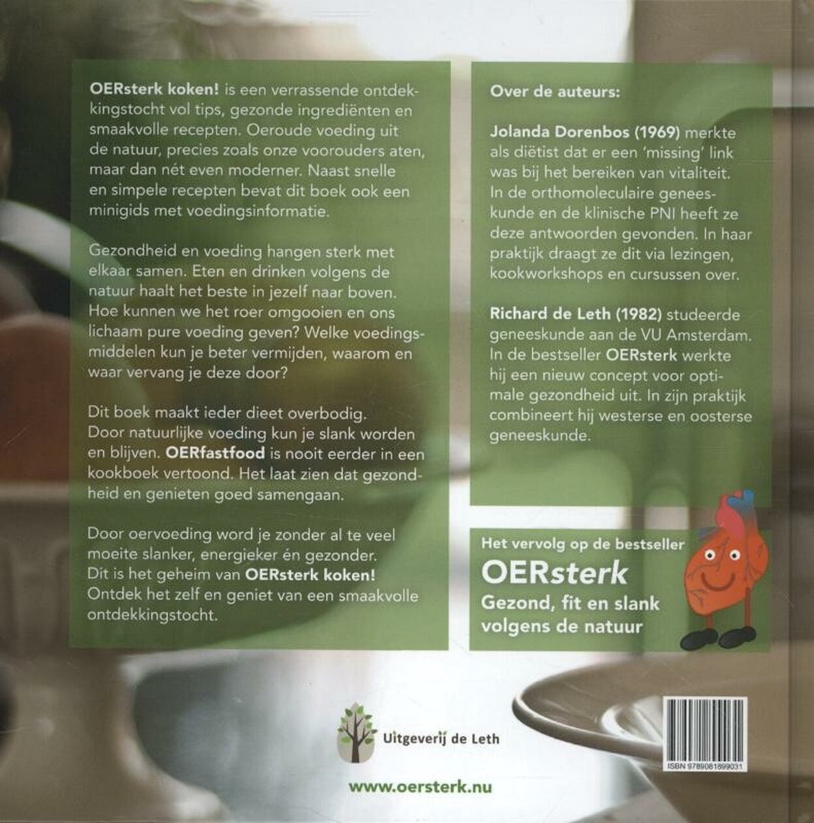 Achterkant van het boek 'OERsterk koken!' met tekst over de auteurs en het boek.