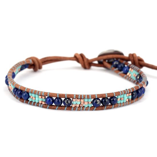 Marama - armband Lapis Lazuli Blue - leer - edelsteen - verstelbaar - unisex - blauw