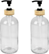 Urban Living Pompe à savon/distributeur de savon - 2x - verre/bambou - transparent - 0,5 litre - 21 cm
