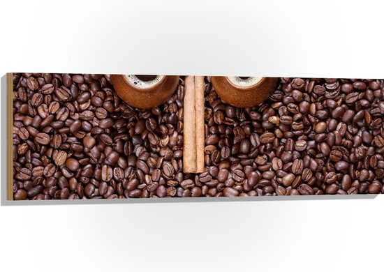 Hout - Koffie - Bonen - Gezicht - Kopjes - Ogen - 120x40 cm - 9 mm dik - Foto op Hout (Met Ophangsysteem)