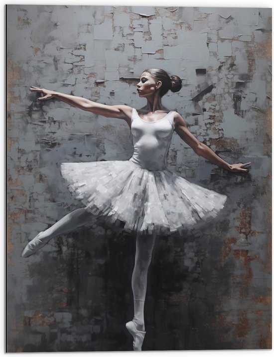 Dibond - Muurschildering van Witte Dansende Ballerina - 60x80 cm Foto op Aluminium (Met Ophangsysteem)