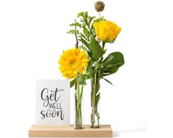 BloomGift | Brievenbus Cadeau | Kaarthouder Sunny | Gele Bloemen | Incl. houten staander met 2 vaasjes